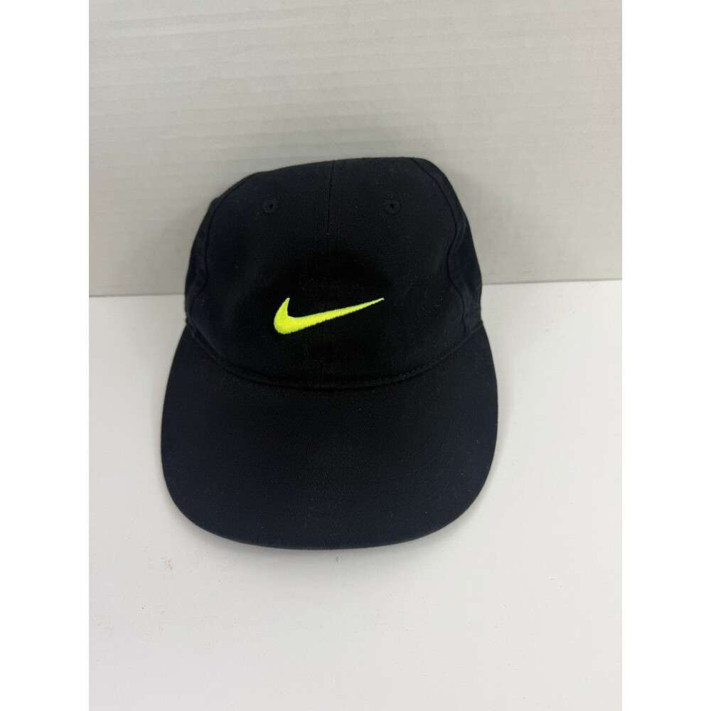 Nike Cap Kids Size 4-7 Black Embroidered Neon Swoosh Adjustable Cotton Hat